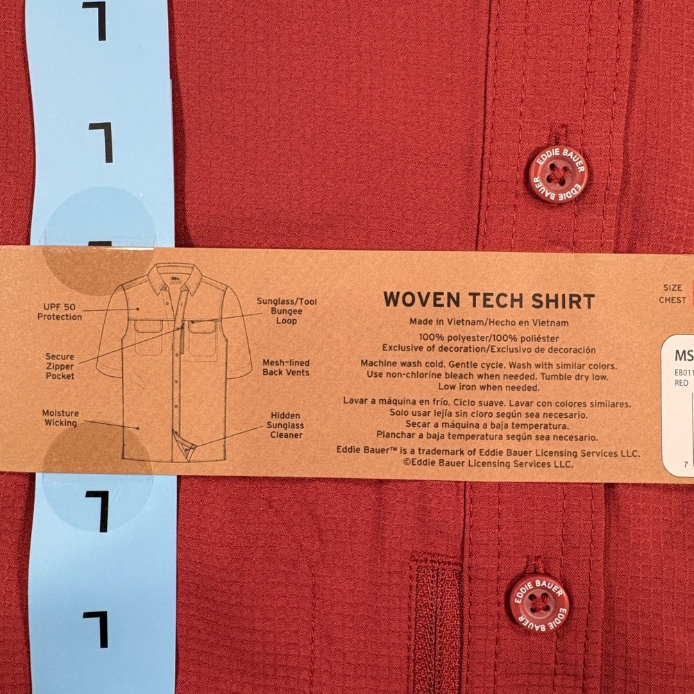 Eddie Bauer Woven Tech Shirt Mens Large Red Short Sleeve UPF 50 Ripstop Hiking - Picture 4 of 6